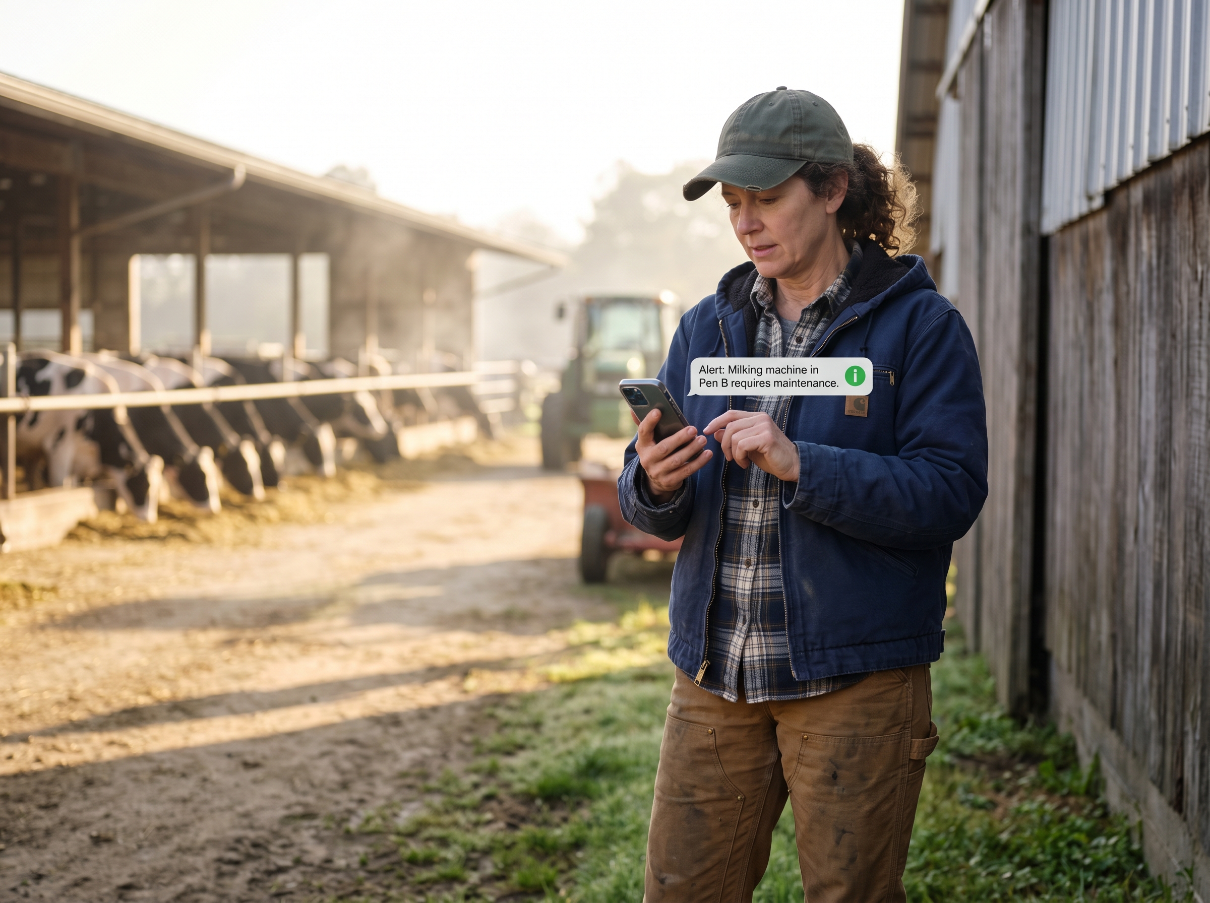 Dairy farmer checking a text message alert on their phone near the barn