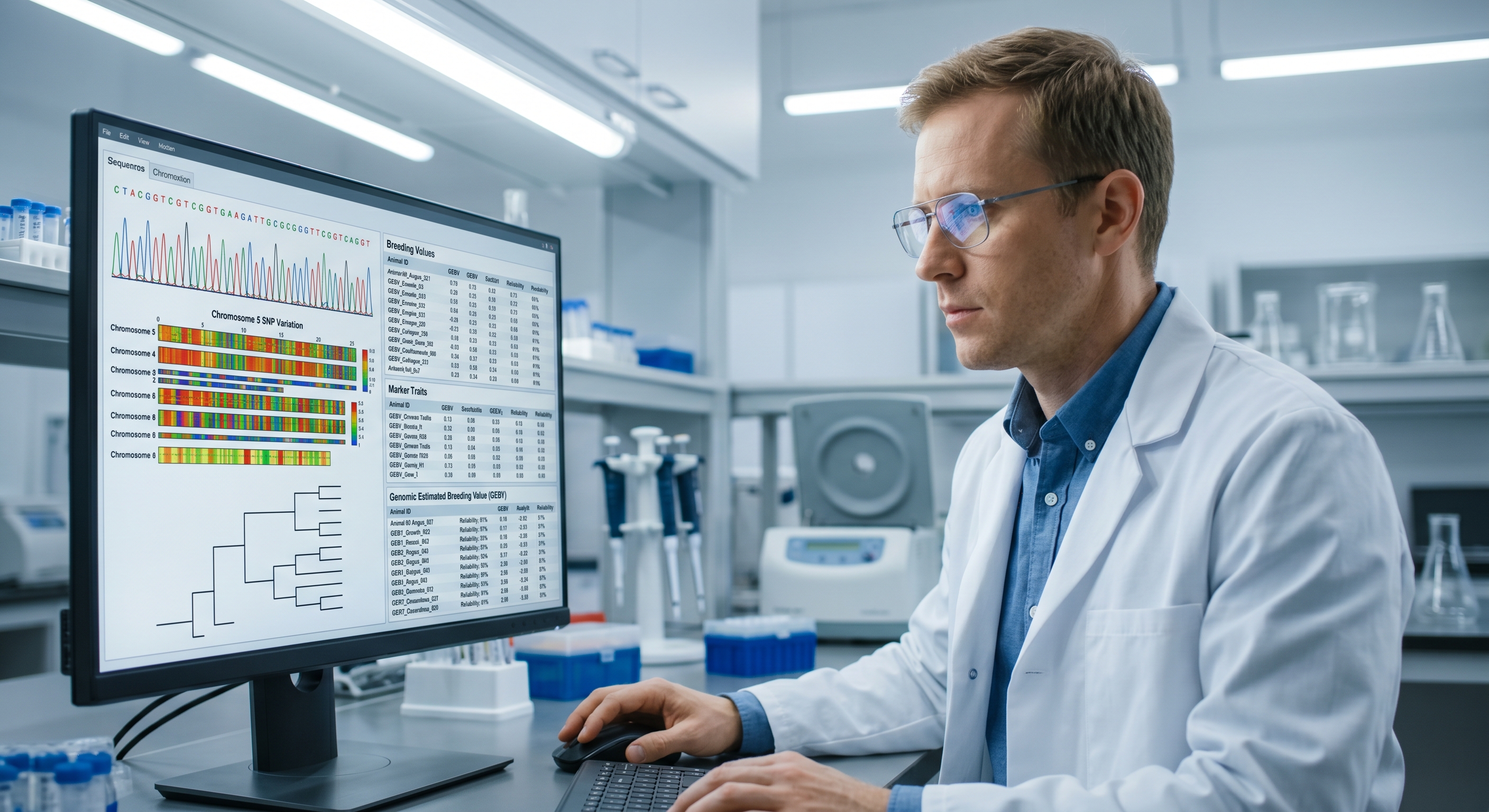 Researcher reviewing genomic breeding data on monitor in agricultural research lab